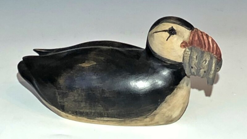 Wayne Robbins- Puffin with fish wood sculpture