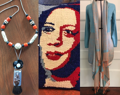 A necklace by Barbara Burns, a tapestry pillow of Kamala Harris and an up-cycled duster, both by Barbara Burns.